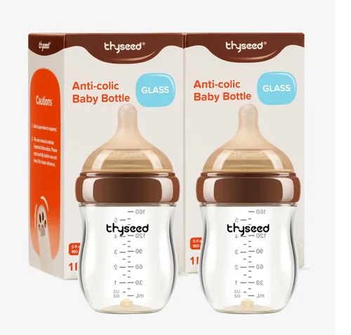 Vista 11 de Thyseed Biberón de vidrio anticólico para bebés amamantados, alimentación ritmada, pezón de flujo extra lento para recién nacido similar al pecho