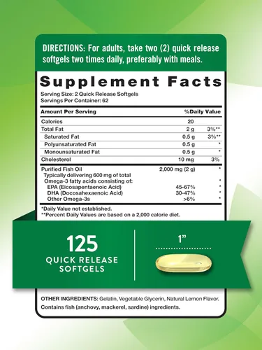 Vista 2 de Nature's Truth Aceite de pescado Omega 3 de 2000 mg 125 cápsulas blandas líquidas Píldoras de sabor a limón sin erupciones Suplemento sin OMG