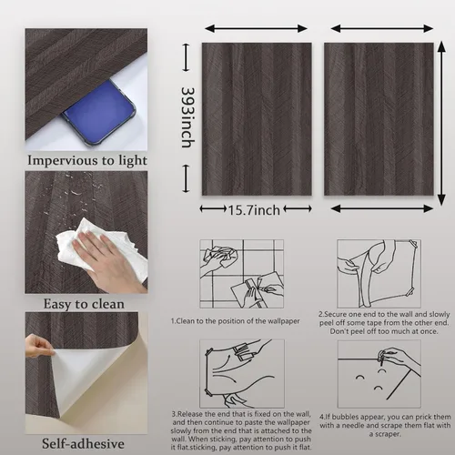 Vista 3 de Brown Wood Wallpaper Peel and Stick Wallpaper 15.7" x 393" Self Adhesive Removable Textured Wallpaper Black Wood Grain Wallpaper Contact Paper for