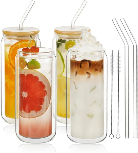 Vista 9 de LIBWYS Vaso de vidrio de doble pared de 12 onzas con tapa de bambú y pajita, juego de 1 pieza, resistente a la condensación, vaso de vidrio aislado