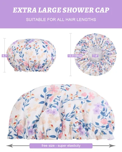 Vista 4 de Aquior Gorro de ducha impermeable de doble capa para mujer, gorro de ducha grande reutilizable para todas las longitudes de cabello con forro