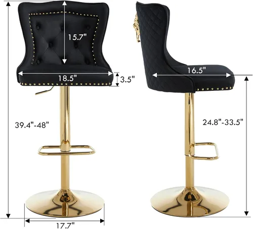 Vista 2 de Juego de 2 taburetes de bar negros y dorados, taburetes de bar de terciopelo con respaldo de ala alta, modernas sillas de bar tapizadas, taburete