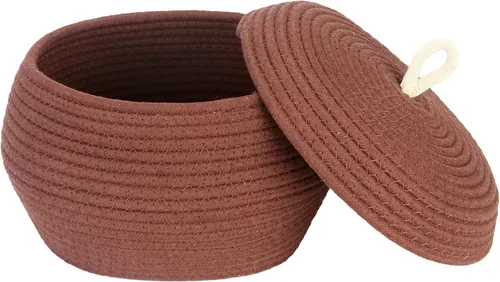 Vista 12 de Sea Team Cesta de almacenamiento redonda de cuerda de algodón con tapa, cesta de almacenamiento tejida con pompones de arcoíris coloridos, maceta