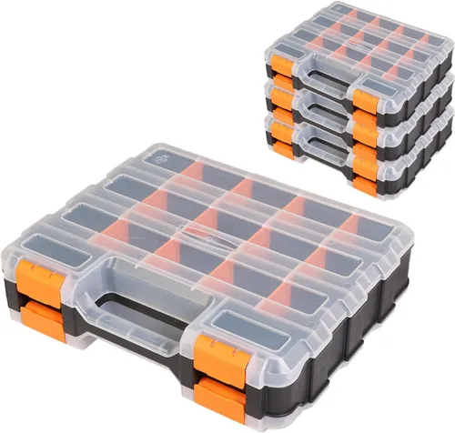 Vista 9 de Caja de herramientas con tapa transparente, caja organizadora de 34 compartimentos de doble cara con divisores extraíbles para herrajes, tornillos