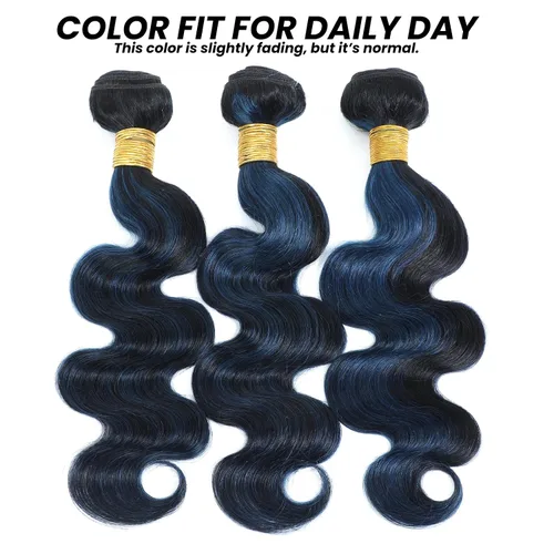 Vista 6 de 3 paquetes de cabello humano ondulado con reflejos azules, mezcla negra, 22, 24, 26 pulgadas