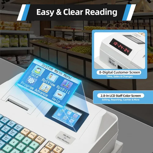 Vista 4 de Caja registradora electrónica con pantalla LED de 48 teclas con bandeja de efectivo extraíble e impresora térmica, caja registradora para pequeñas