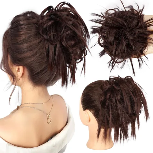 Vista 15 de HMD - Extensiones de cabello con chongo alborotado y coleta con banda elástica de goma, extensiones de cabello sintético para mujer, extensiones