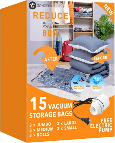 Vista 10 de 10 bolsas pequeñas de almacenamiento al vacío con bomba eléctrica, bolsas de embalaje de plástico, bolsa ahorradora de espacio para ropa, colchón