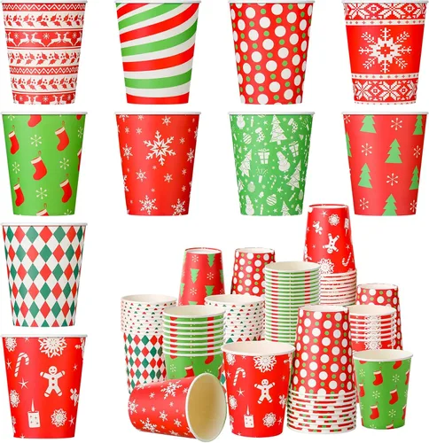 Umigy 100 vasos de papel de Navidad a granel desechables de 9 onzas, tazas de café de chocolate caliente, medias de árbol de Navidad, pan de