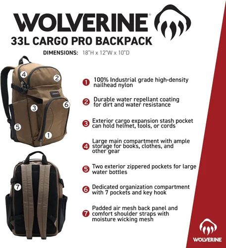 Vista 6 de WOLVERINE 33l Cargo Pro Backpack with Expandable Helmet Stash, Laptop Compartment, 7 Pockets & Moisture Wicking Straps