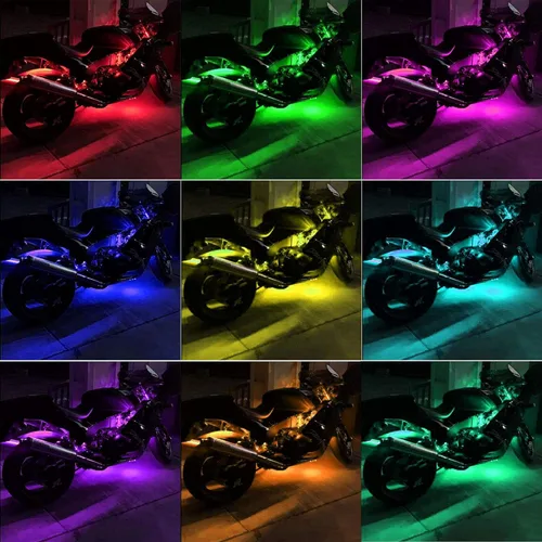 Vista 2 de Juego de 6 tiras de luces LED para motocicleta, control remoto inalámbrico RF, impermeable, RGB, multicolor, neón, efecto de tierra, atmósfera