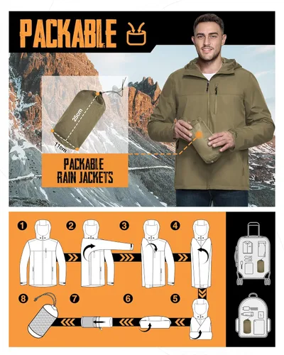 Vista 6 de 33,000ft Chaqueta impermeable plegable para hombre, ligera, con capucha, impermeable, para ciclismo