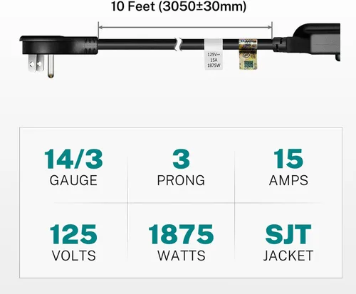 Vista 2 de FIRMERST Cable de extensión de enchufe plano de 10 pies 1875 W 14 AWG negro 15A