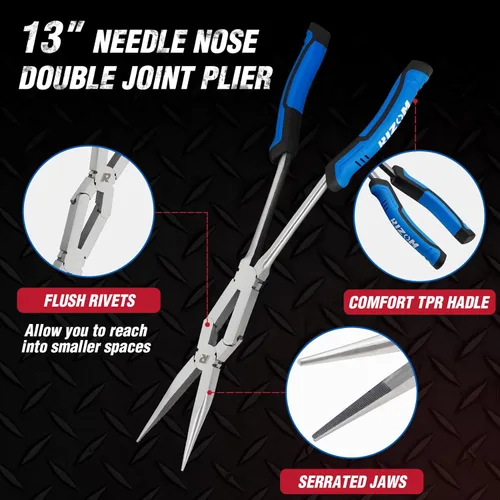 Vista 2 de Rizom Juego de alicates de largo alcance de 3 piezas, alicates de punta de aguja larga de doble articulación de 13 pulgadas, alicates de punta