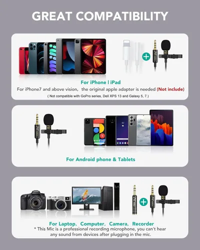 Vista 4 de PoP voice Micrófono de solapa Lavalier profesional Micrófono condensador omnidireccional para iPhone Android Smartphone, micrófono de grabación