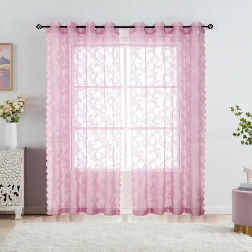 Vista 11 de Cortinas traslúcidas de encaje blanco para dormitorio, 55 x 54 pulgadas, paneles de cortina de encaje con rosas florales francesas duraderas