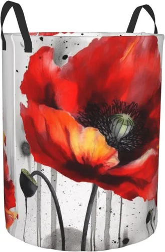 Vista 2 de Beautiful Poppy Flower Ink print Circular Hamper Waterproof Storage Bin Organizer Basket Laundry Hamper With Handles For Clothes Toys Small