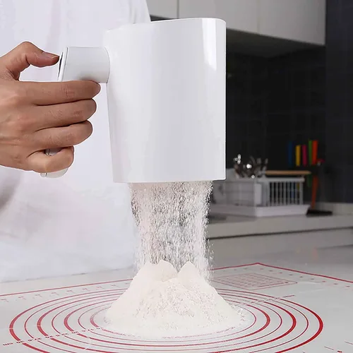 Vista 3 de Tamiz de harina eléctrico a pilas para hornear, tamiz de mano con mango ergonómico, malla de acero inoxidable fina, diseño fácil de limpiar
