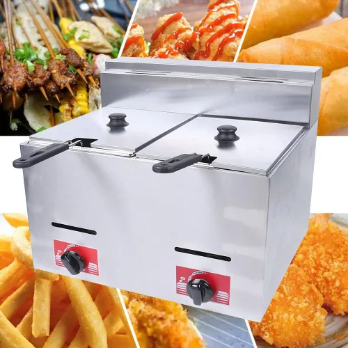 Vista 2 de Freidora comercial, 2 sartenes 403 de acero inoxidable para encimera, freidora de gas, calentador de alimentos, buffet, temperatura ajustable con 2
