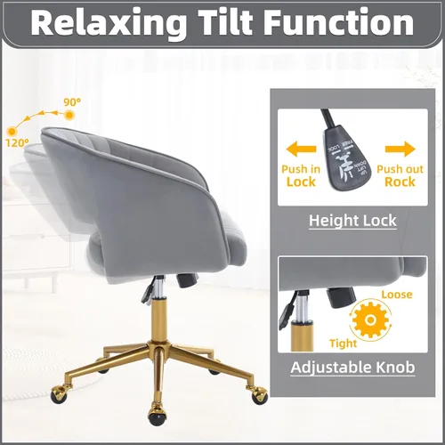 Vista 31 de ABET Silla de escritorio con ruedas, silla de terciopelo para oficina en casa, sillón giratorio con base dorada, sillas decorativas modernas