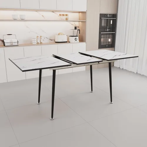 Vista 5 de 47" 63" extendabledining Table and Chair Set, Suitable for 2 6 People, White Dining Table and Light Green Dining Chair 4 Set, Metal Base and Linen