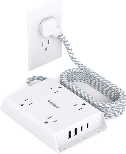 Regleta de alimentación con protector de sobretensiones, Addtam cable de extensión de 5 pies con enchufe plano y 4 USB Cargador de pared (2 puertos
