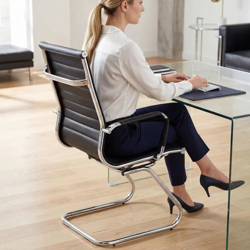 Vista 5 de Sillas de recepción, sin ruedas, silla de conferencia, de cuero, resistente, soporte para la espalda, silla de invitados de oficina, juego de 2 Negro