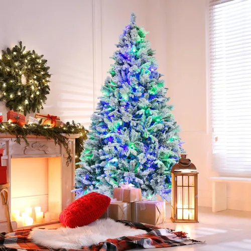 Vista 7 de Goplus - Árbol de Navidad artificial de 7 pies con nieve ya colocada, árbol de Navidad artificial con bisagras, con 320 luces LED multicolor, 8