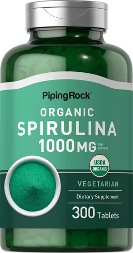 Piping Rock Spirulina orgánica | 1000mg | 300 tabletas | Arthrospira platensis | Suplemento vegetariano, sin OMG y sin gluten