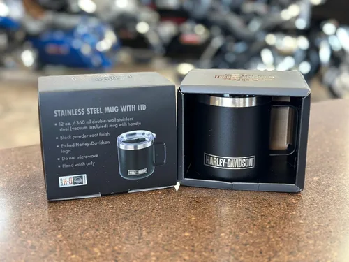 Vista 3 de Harley-Davidson Taza de viaje de acero inoxidable H-D grabada con tapa - 12 oz. HDX-98629