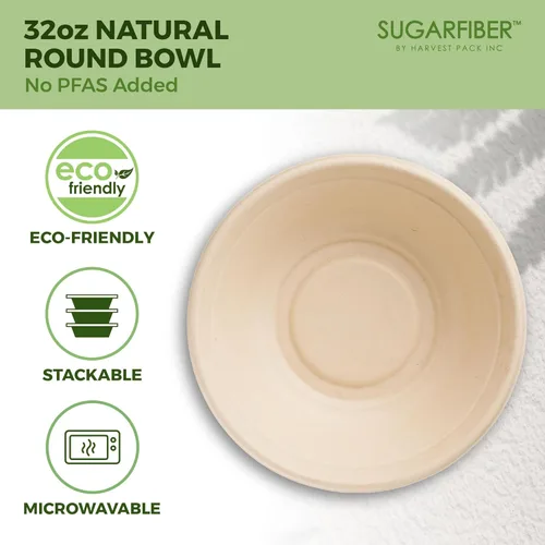 Vista 3 de [500 SET]Harvest Pack PFAS FREE 32oz Round Compostable Bowls with Flat Lids - Paper Heavy-Duty Eco-Friendly Disposable Bagasse Bowl Sugarcane made