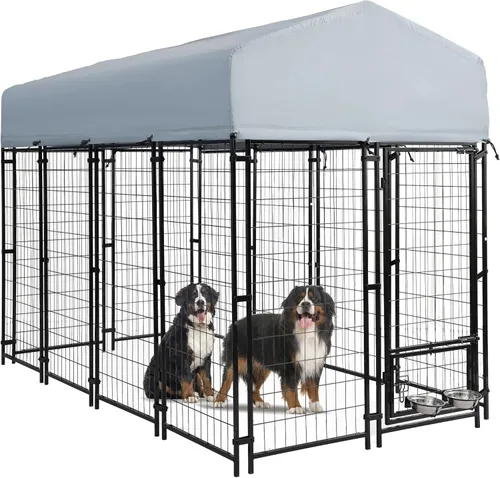 Vista 3 de Perrera grande para perros de 8 x 4 x 6 pies con techo, corral de acero soldado resistente al aire libre con cuencos giratorios, jaula para perros
