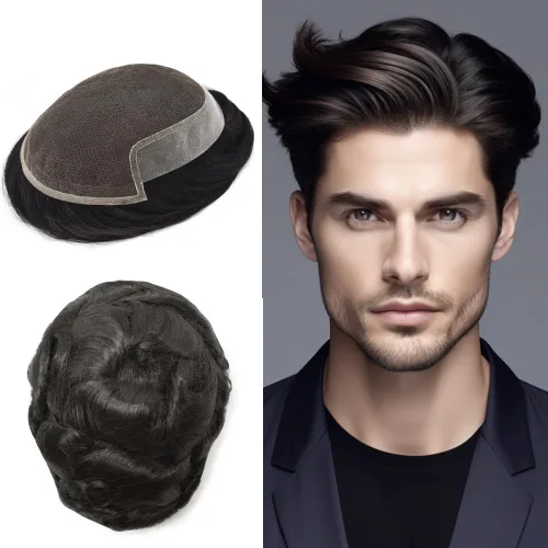 Sistema de cabello para hombres suizo encaje pieza de pelo para hombre tupé encaje frontal tupé para hombres sistema de reemplazo de cabello humano