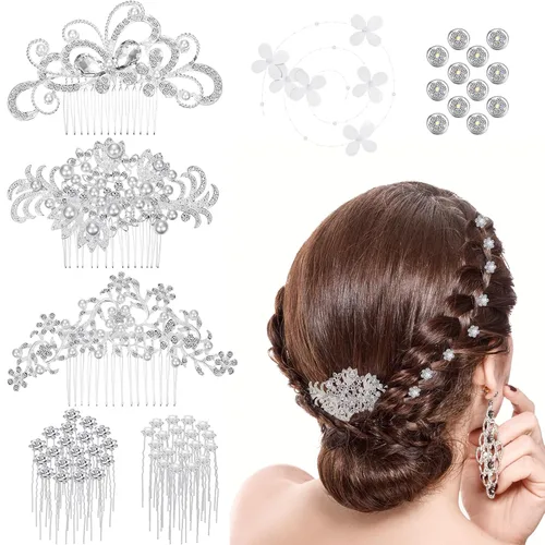 Boao 56 piezas de accesorios para el cabello de novia para boda, perlas de cristal, peine para el cabello, clips de diamantes de imitación, flores