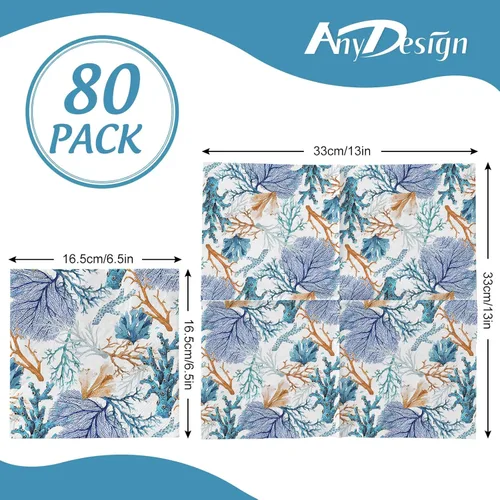 Vista 2 de AnyDesign Paquete de 80 servilletas de papel de verano de 6.5 x 6.5 pulgadas, estampado coral océano, servilletas de papel desechables de acuarela