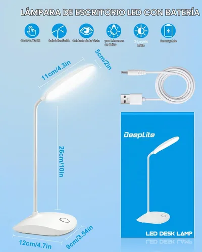 Vista 9 de DEEPLITE Lámpara de escritorio LED con cuello de cisne flexible de 3 niveles de brillo, lámpara de mesa a pilas de control táctil de 5 W, lámpara