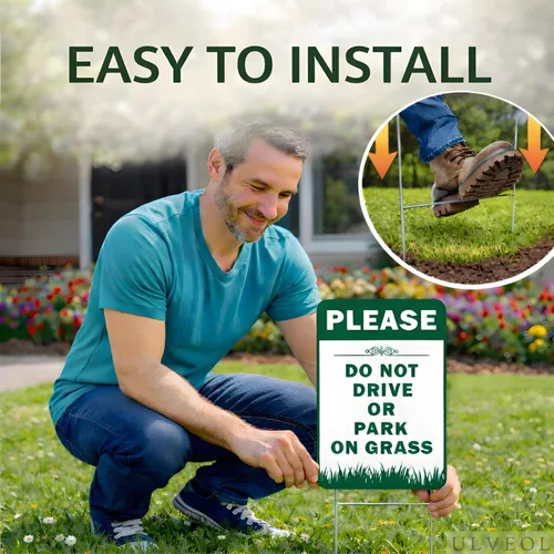 Vista 4 de 6 letreros de doble cara con estacas con texto en inglés "Please Do Not Drive Park On Grass", letrero de plástico para calle, carretera