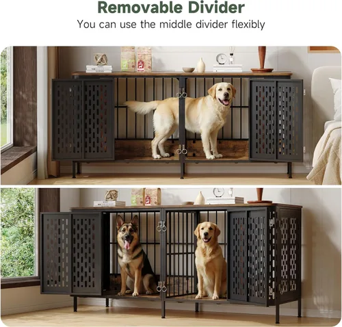 Vista 4 de ONBRILL Mueble grande de 71 pulgadas para perros para 1 o 2 perros, jaula doble grande para perros con divisor extraíble, jaula de madera resistente