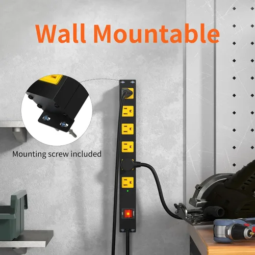 Vista 2 de Tira de alimentación larga de metal resistente de 6 tomas, protector de sobretensiones de 2700J con disyuntor de 15 A, cable de extensión de 6 pies