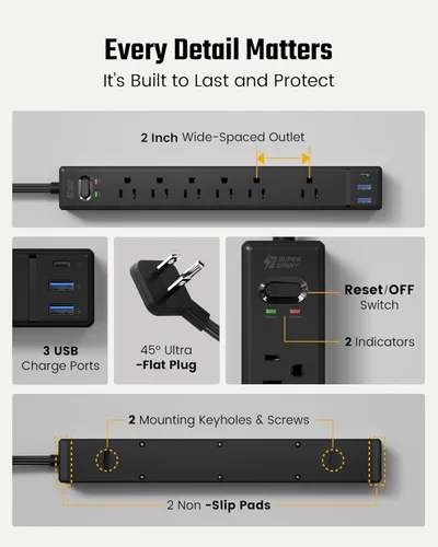 Vista 8 de SUPERDANNY - Protector de sobretensión con enchufe plano, tira de alimentación, cable de extensión ultra delgado de 6 pies con 3 USB