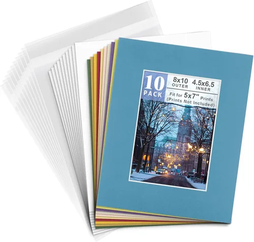 Golden State Art, Paquete de 10 tapetes precortados de colores mixtos de 8 x 10 pulgadas para fotos de 5 x 7 pulgadas con núcleo blanco de corte