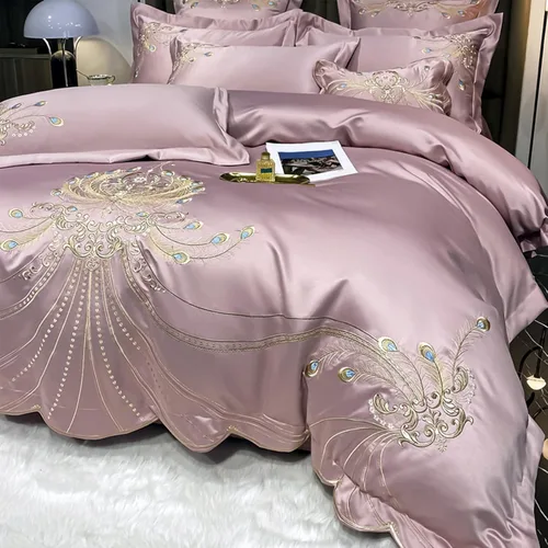 Vista 12 de QQXX Juego de funda de edredón bordado de lujo, juego de ropa de cama de seda jacquard, acogedor juego de funda de edredón de microfibra