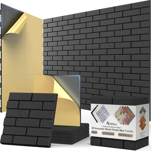 Vista 31 de Paquete de 12 paneles acústicos, paneles autoadhesivos con patrón de ladrillo 3D a prueba de sonido para paredes, paneles decorativos de pared
