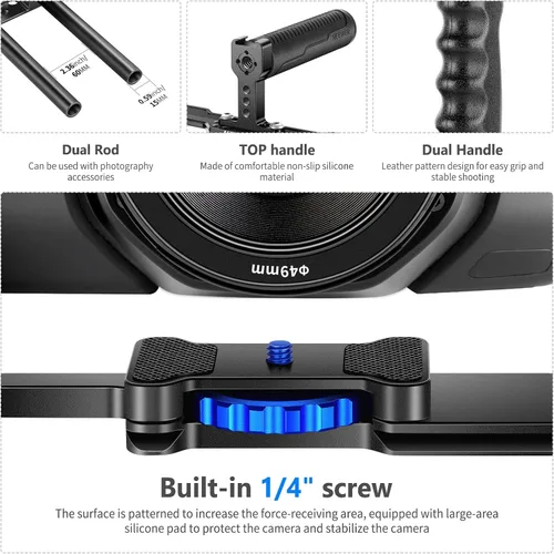 Vista 4 de NEEWER Jaula de cámara de aleación de aluminio, plataforma de cine con mango superior, empuñaduras dobles y base tipo arca, compatible con cámaras