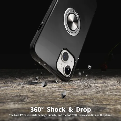 Vista 6 de Funda compatible con iPhone 15 con protector de pantalla de vidrio templado, resistente funda protectora delgada 2 en 1 con soporte de anillo Negro