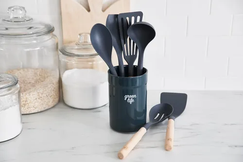 Vista 4 de GreenLife Cooking Tools and Utensils, 7 Piece Nylon and Wood Kitchen Set with Ceramic Crock Holder, Heat Resistant Spatula and Spoons, BPA-Free