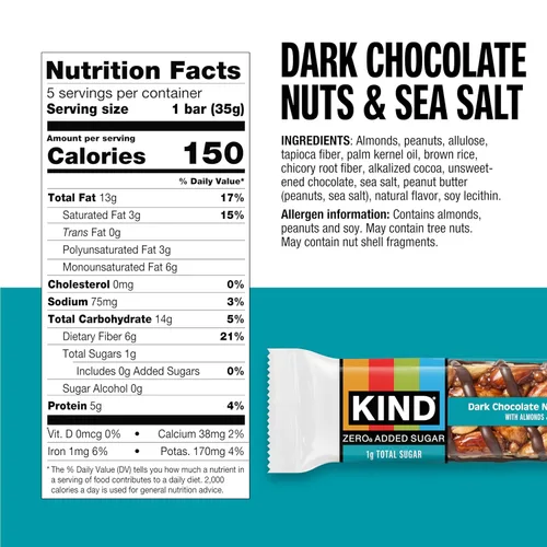 Vista 2 de KIND ZERO Barras sin azúcar agregado, chocolate negro, nueces y sal marina, aperitivos aptos para dieta cetogénica, sin gluten, 0.18 onzas