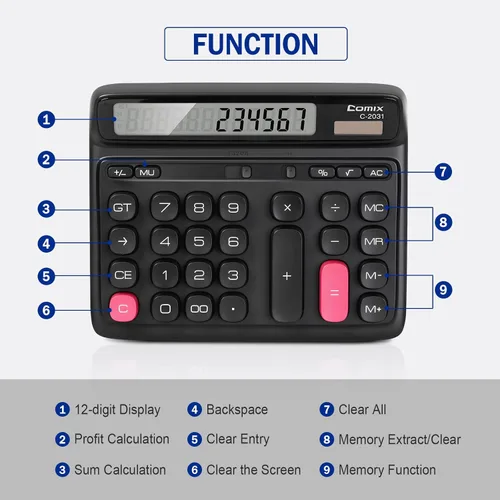 Vista 4 de Comix Calculadora de escritorio con pantalla LCD grande de 12 dígitos, batería solar de doble alimentación, calculadora básica con teclas grandes