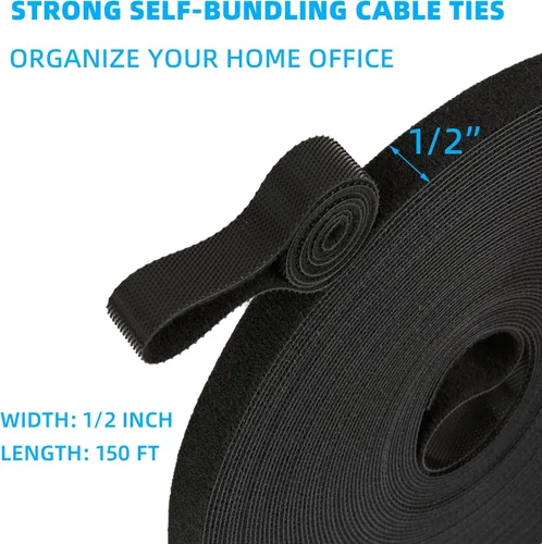 Vista 2 de Rollo de gancho y bucle de 150 pies x 1/2 pulgada, bridas de sujeción reutilizables, correas de cables multiusos para organizar el hogar, la oficina
