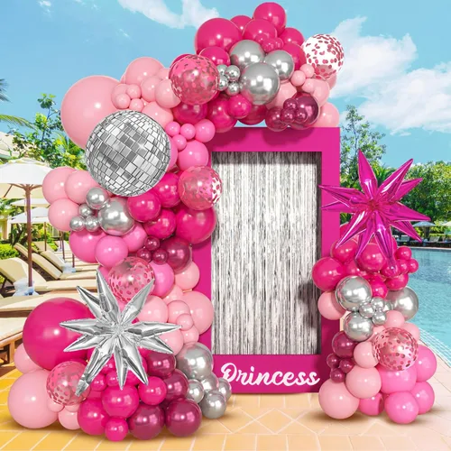 Vista 6 de Kit de arco de guirnalda de globos de princesa rosa y plateado de San Valentín, confeti rosa intenso 4D estrella disco bola corona globos para niñas